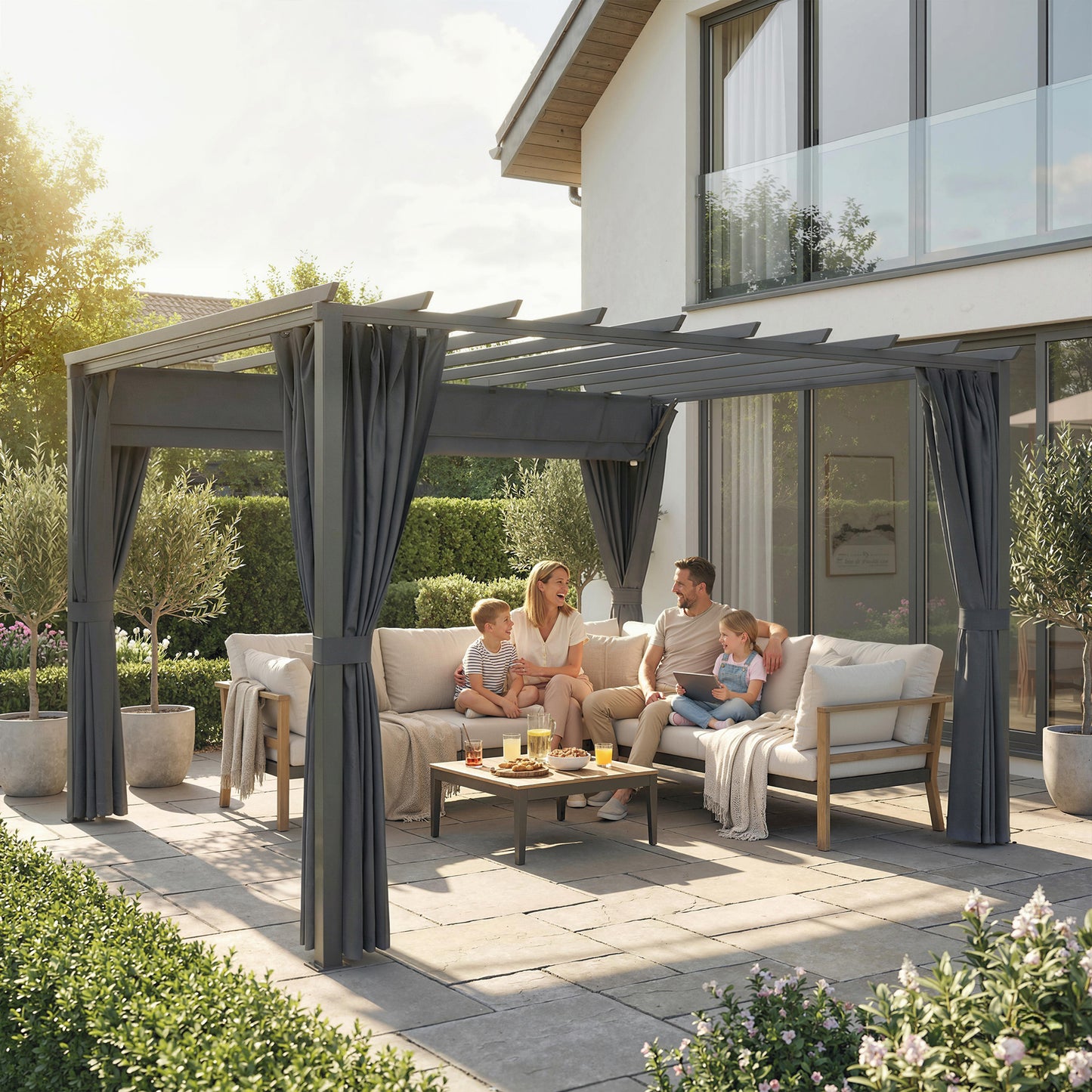 3.6 x 3 m Pergola with Retractable Roof Canopy, Curtains, Aluminium Garden Pergola Gazebo Sun Shade Shelter, Dark Grey