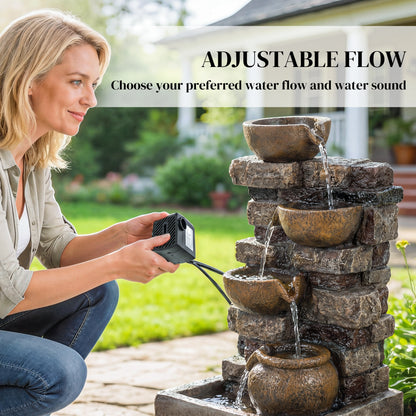 28" 5-Tier Outdoor Fountain, Cascading Waterfall Feature with LED Lights, Adjustable Flow, Rustic Brown