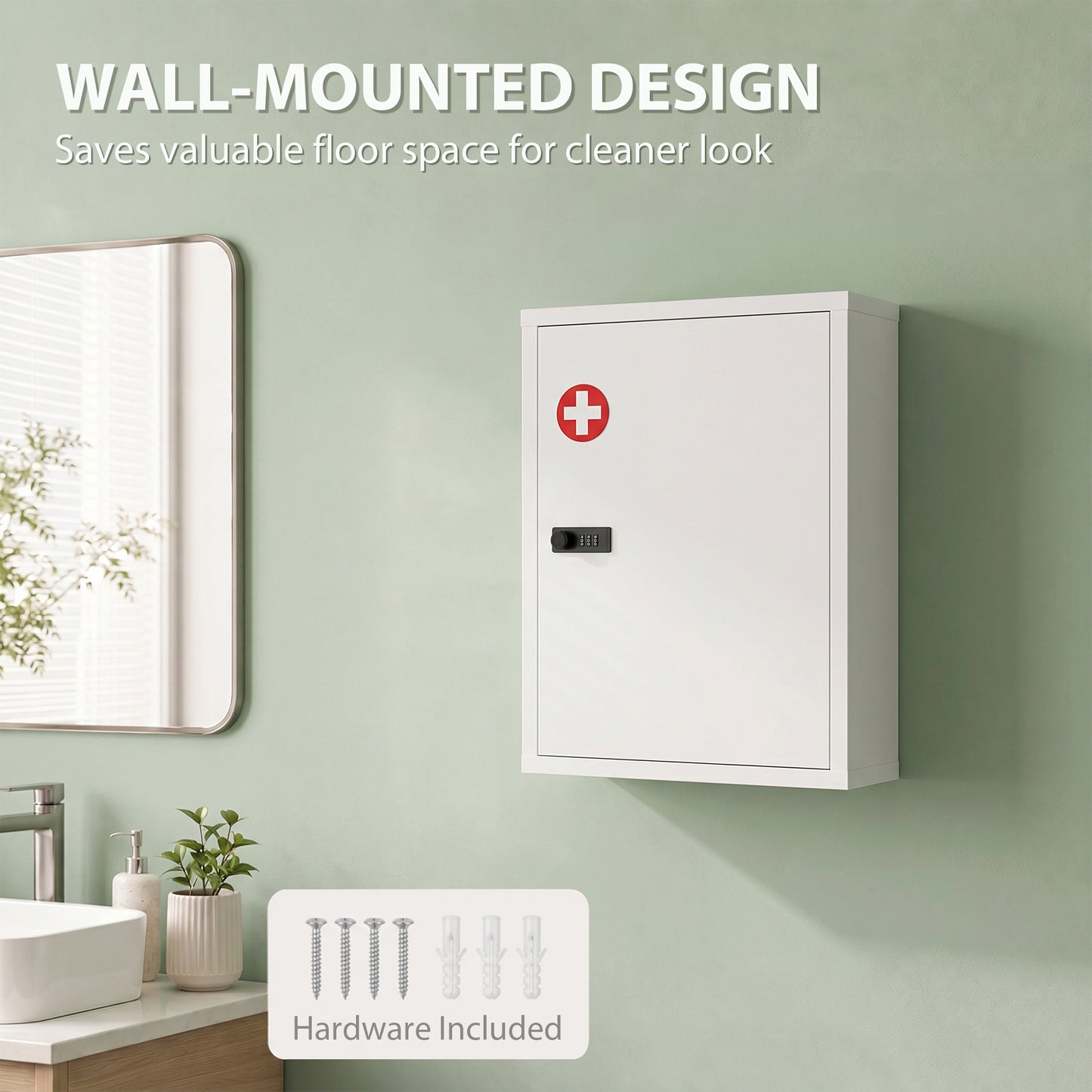 Wall Mount Medicine Cabinet, Bathroom Cabinet with Combination Lock, Door and Storage Shelves, White