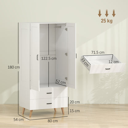 2-Door Wardrobe, Modern Wardrobe with 2 Drawers and Hanging Rail for Bedroom, White