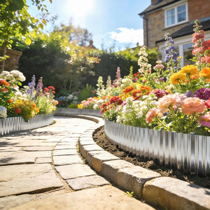 Metal Garden Edging Border, 8 in x 21.3 ft Corrugated Heavy Duty Galvanised Steel Lawn Edging, Silver Tone