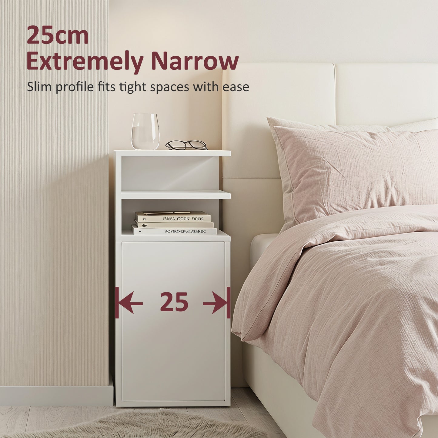 Slim Bedside Table Set of 2, Narrow Bedside Cabinet with Open Cubbies and Cupboard for Bedroom Living Room, White