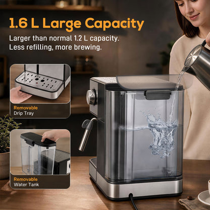 Espresso Machine, 20-Bar Semi Automatic Cappuccino Coffee Maker with Frother Wand, 1.6 L Water Tank, Black and Silver