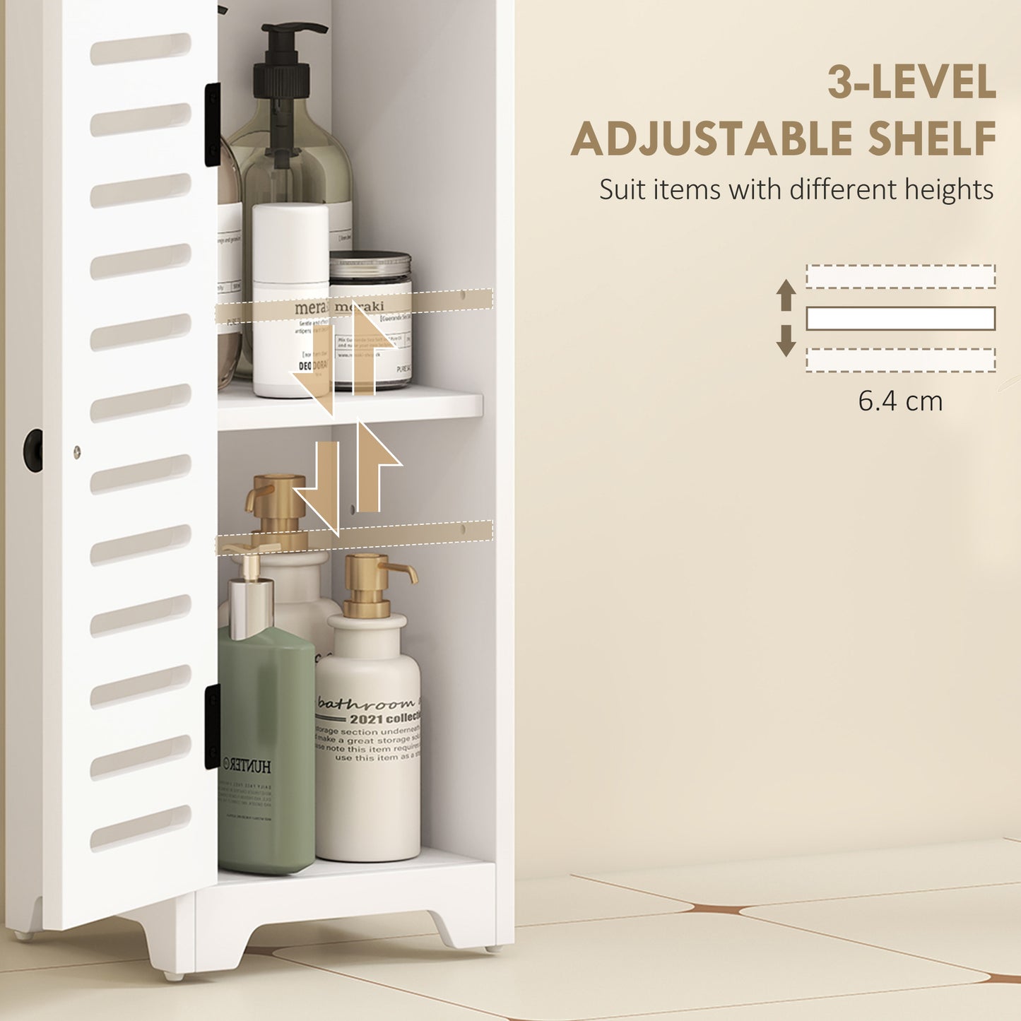 Bathroom Floor Cabinet, Bathroom Storage Unit with Louvered Door, Open Shelf, Adjustable Shelf, White, 22 x 20 x 75 cm