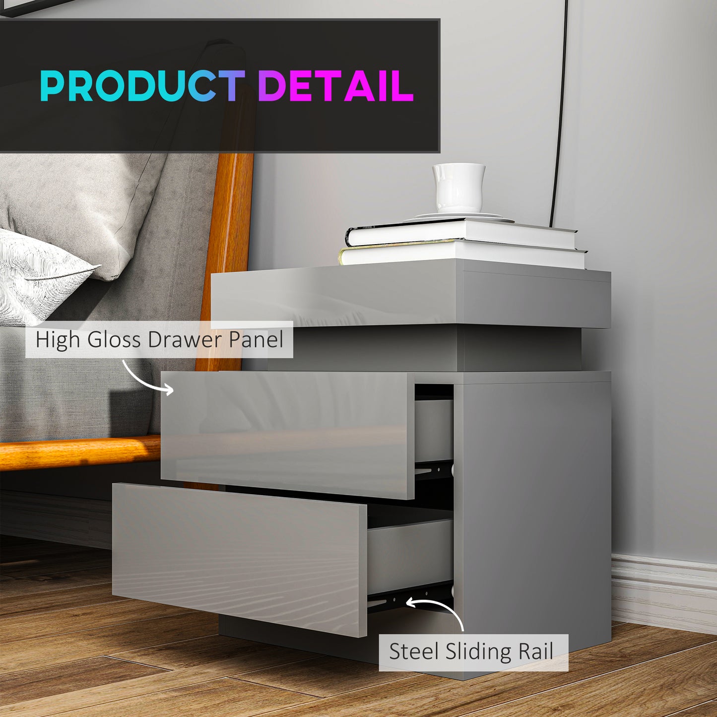 Grey Bedside Table with LED Light, High Gloss Front Nightstand with 2 Drawers, for Living Room, Bedroom