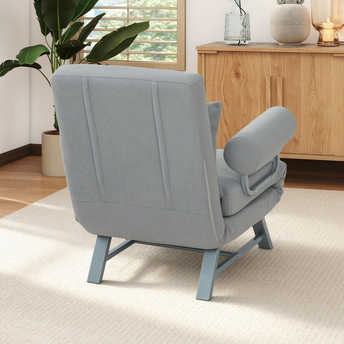 Single Sofa Bed, 3-in-1 Convertible Folding Chair Bed with Adjustable Backrest, Removable Armrests, Light Grey
