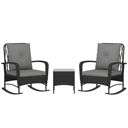 Three-Piece Rocking Chair Rattan Bistro Set - Black