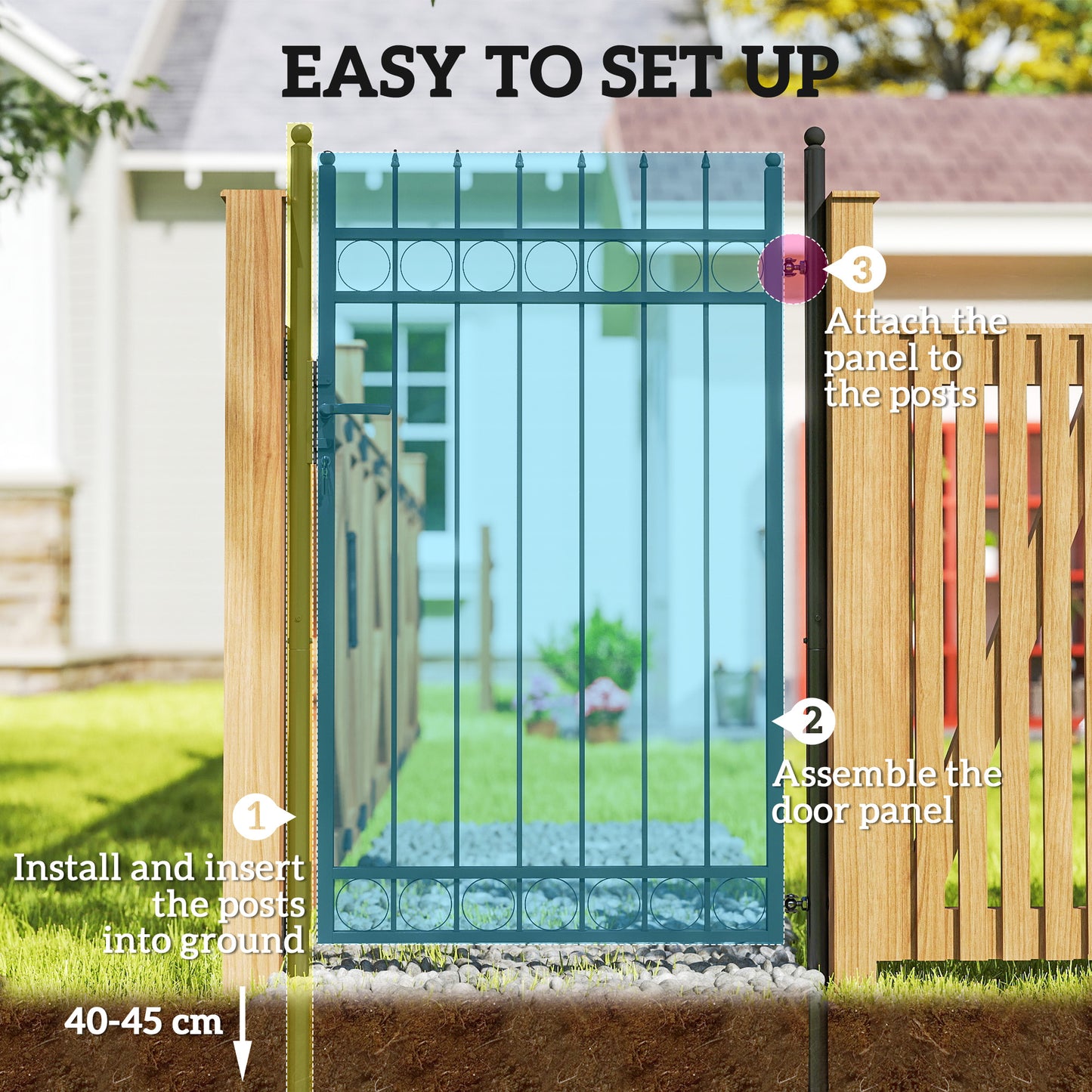 Galvanised Steel Garden Gate, Outdoor Fence Gate Security Barrier with Lock, Keys and Handle, Outdoor Entrance Way Door
