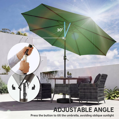 2.7 m Garden Parasol Umbrella with Cross Base and Sandbag, Retractable Ribs, Outdoor Table Market Umbrella, Green