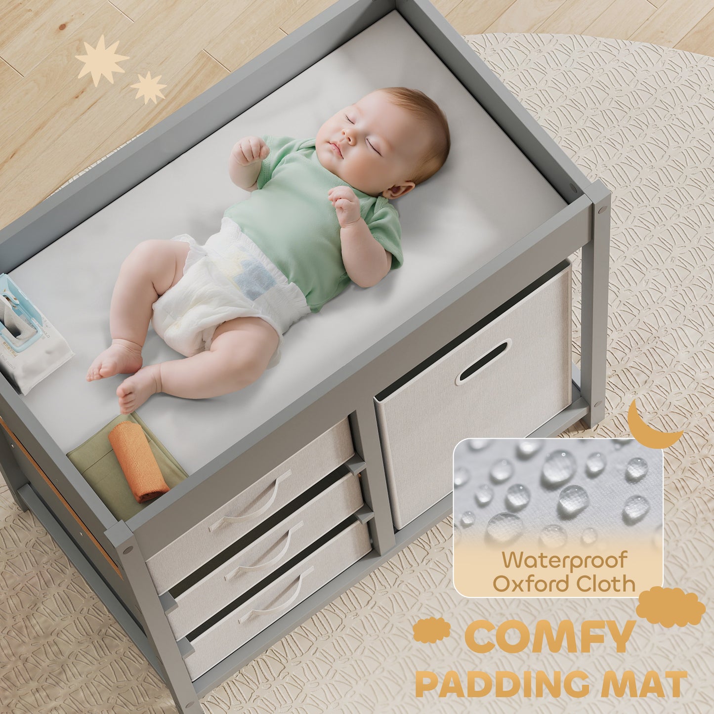 Baby Changing Unit with 4 Storage Drawers, Mat for Bedroom Nursery, 84 x 84.5 cm, Grey