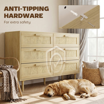 Chest of Drawers, 6-Drawer Dresser, Tall Storage Drawer Unit with Rattan Element for Bedroom, Living Room, Oak
