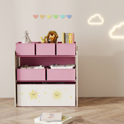 Kids Toy Storage Units, 3-Tier Toy Organiser Shelf with 6 Removable Boxes for Kids, Bedroom, Playroom, Pink