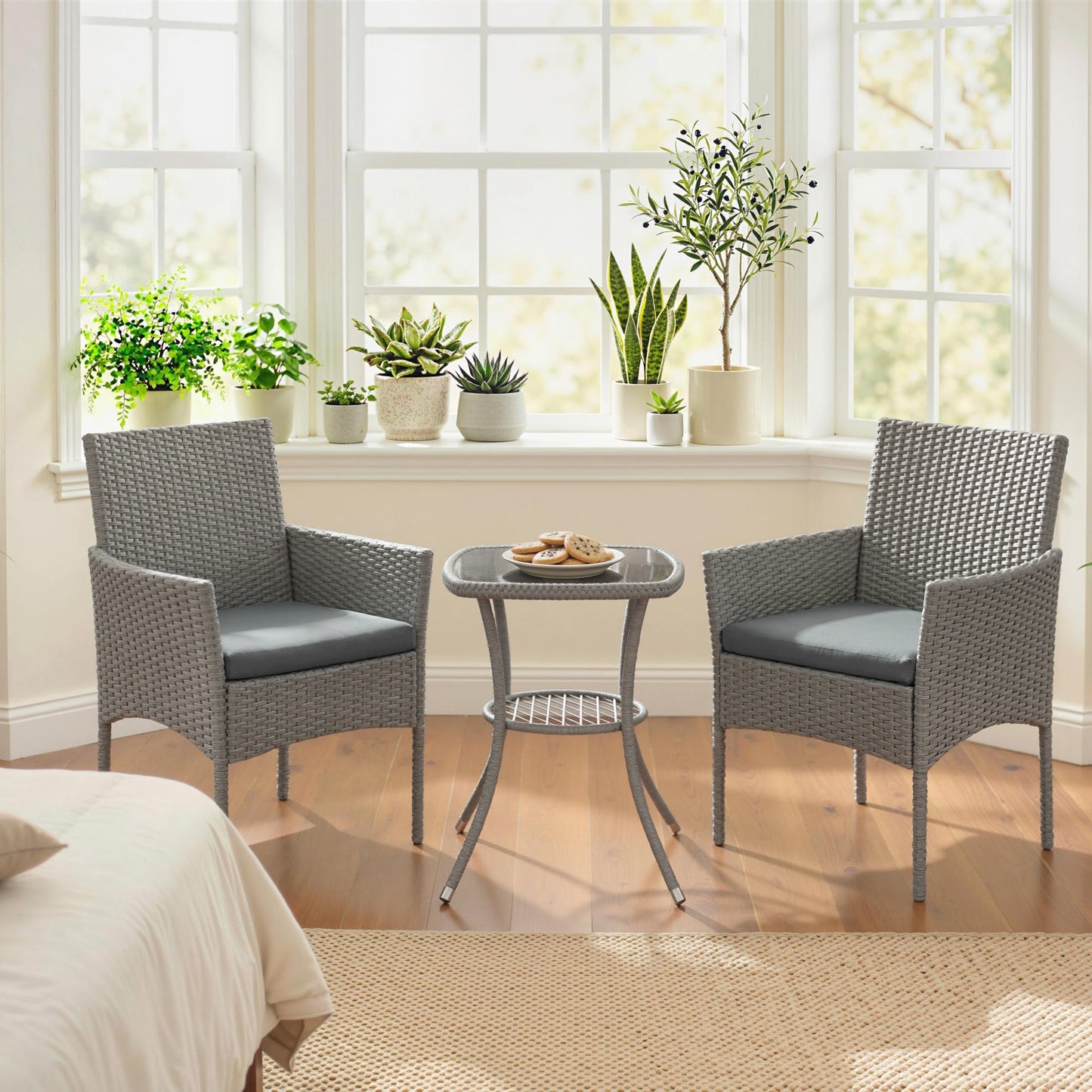 3 Piece Rattan Bistro Set, PE Wicker Garden Furniture Conversation Set with 2 Tier Glass-Top Table, Chairs, Dark Grey