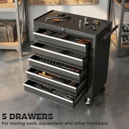 5-Drawer Tool Chest with Wheels, Steel Lockable Tool Storage Cabinet with Handle, 2 Keys for Garage, Workshop, Black