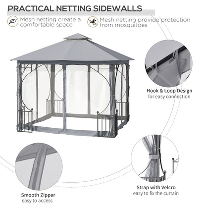 3 x 3(m) Garden Gazebo Patio Party Tent Shelter Outdoor Canopy Double Tier Sun Shade Metal Frame Netting, Light Grey