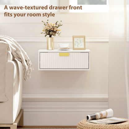 Modern Floating Nightstands Set of 2, Wall Mounted Bedside Tables with Wave Drawer White