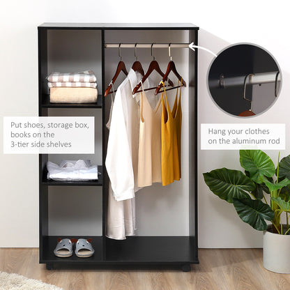 Open Wardrobe on Wheels, Bedroom Wardrobe with Clothes Hanging Rail, 3 Storage Shelves, Mobile Garment Rack for Cloakroom