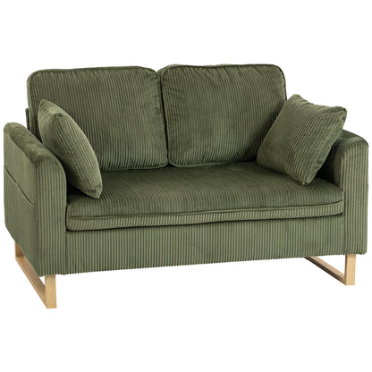 2 Seater Sofa, 140 cm Loveseat Sofa with Spring Cushions, Metal Legs, 2 Pillows, Dark Green