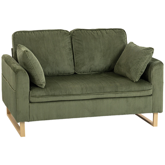 2 Seater Sofa, 140 cm Loveseat Sofa with Spring Cushions, Metal Legs, 2 Pillows, Dark Green