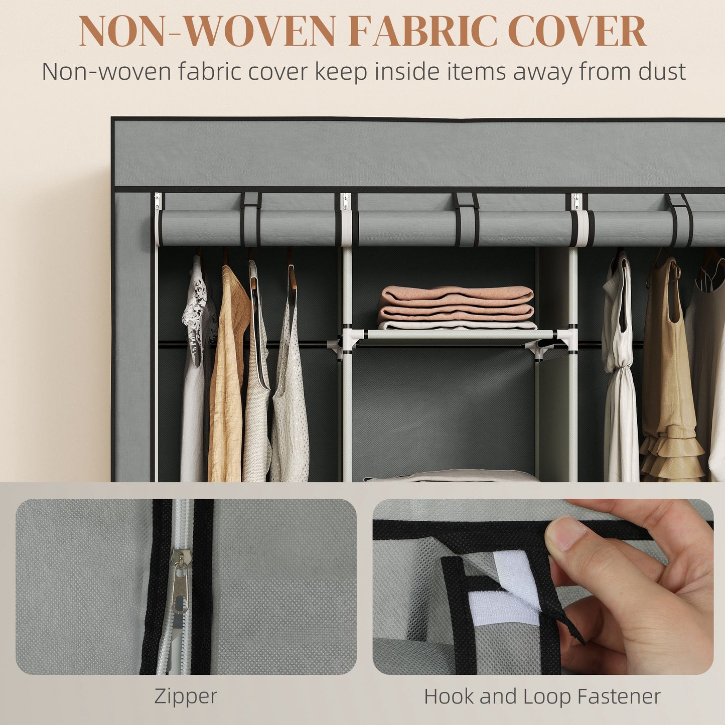 Foldable Fabric Wardrobe for Bedroom, Portable Wardrobe with 5 Shelves, 2 Hanging Rails and 3 Fabric Drawers, Light Grey