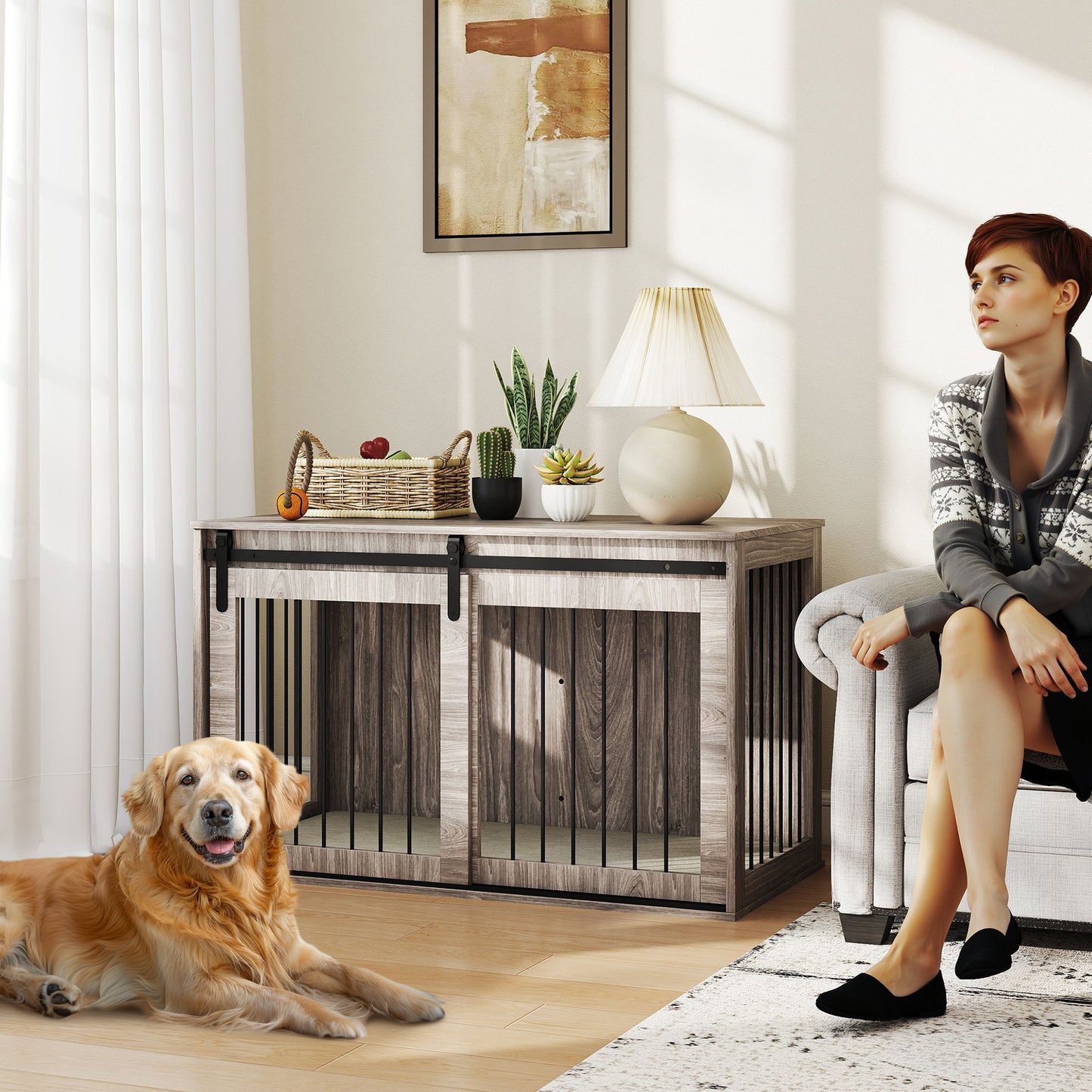 46.46'' Dog Crate Furniture with Removable Cushion & Security Latch for Extra Large Dogs - Walnut Brown