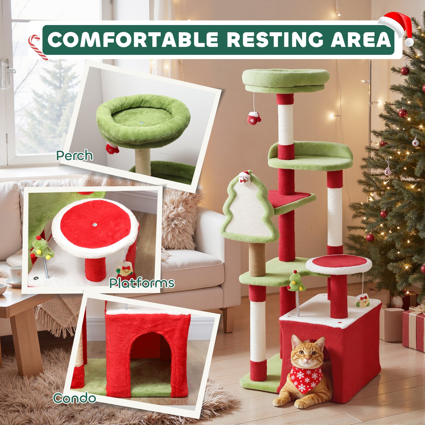 Cat Tree, 120cm Christmas Cat Tower with 3 Scratching Posts, Scratching Board, 2 Perches, Platforms, Toys, Green