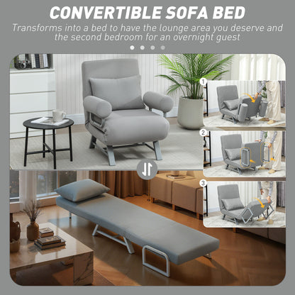 Single Sofa Bed, 3-in-1 Convertible Folding Chair Bed with Adjustable Backrest, Removable Armrests, Light Grey