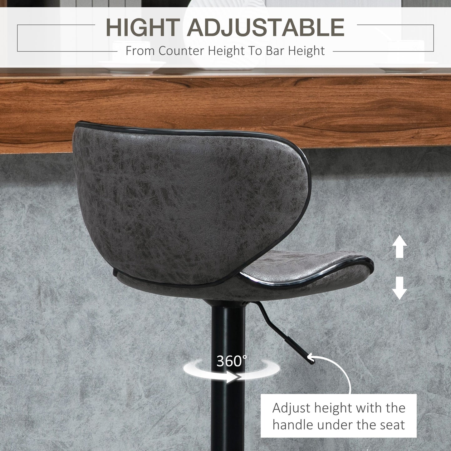 Kitchen Stools Set of 2 61-81cm Sitting Height Leather Upholstered Bar Chairs, Dark Grey