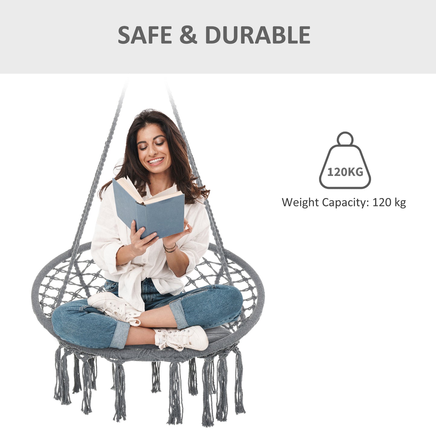 Outdoor Cotton-Polyester Blend Macrame Hanging Rope Chair with Cushion, Portable Garden Chair with Fringe Tassels for Patio