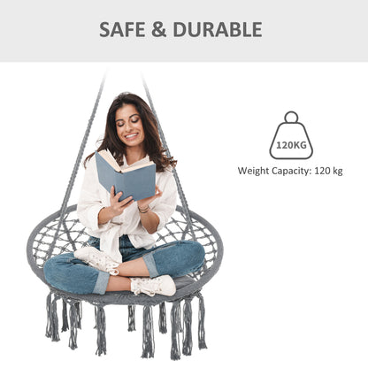 Outdoor Cotton-Polyester Blend Macrame Hanging Rope Chair with Cushion, Portable Garden Chair with Fringe Tassels for Patio