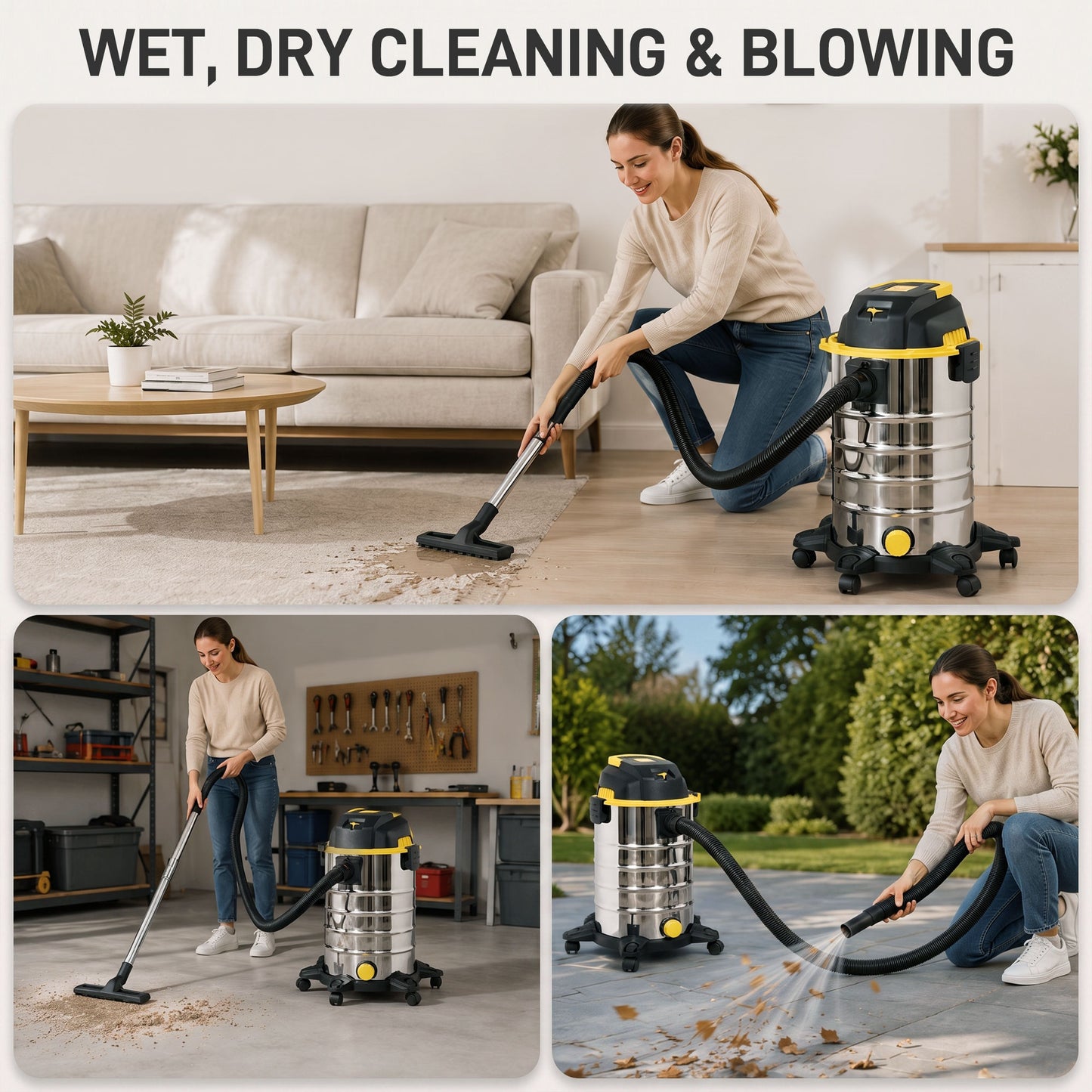 1400W Vacuum Cleaner, 3-in-1 Wet and Dry Vacuum Cleaner with Blowing Mode and 30L Stainless Steel Tank, Yellow