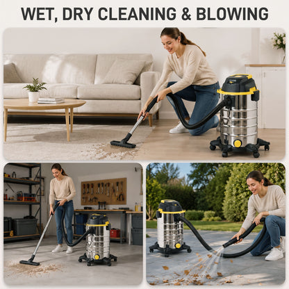1400W Vacuum Cleaner, 3-in-1 Wet and Dry Vacuum Cleaner with Blowing Mode and 30L Stainless Steel Tank, Yellow