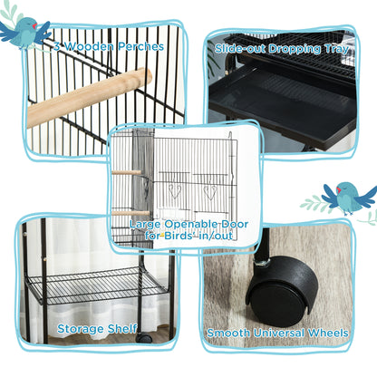 Bird Cage Budgie Cages for Finch Canary Parakeet with Stand Wheels Slide-out Tray Accessories Storage Shelf, Black