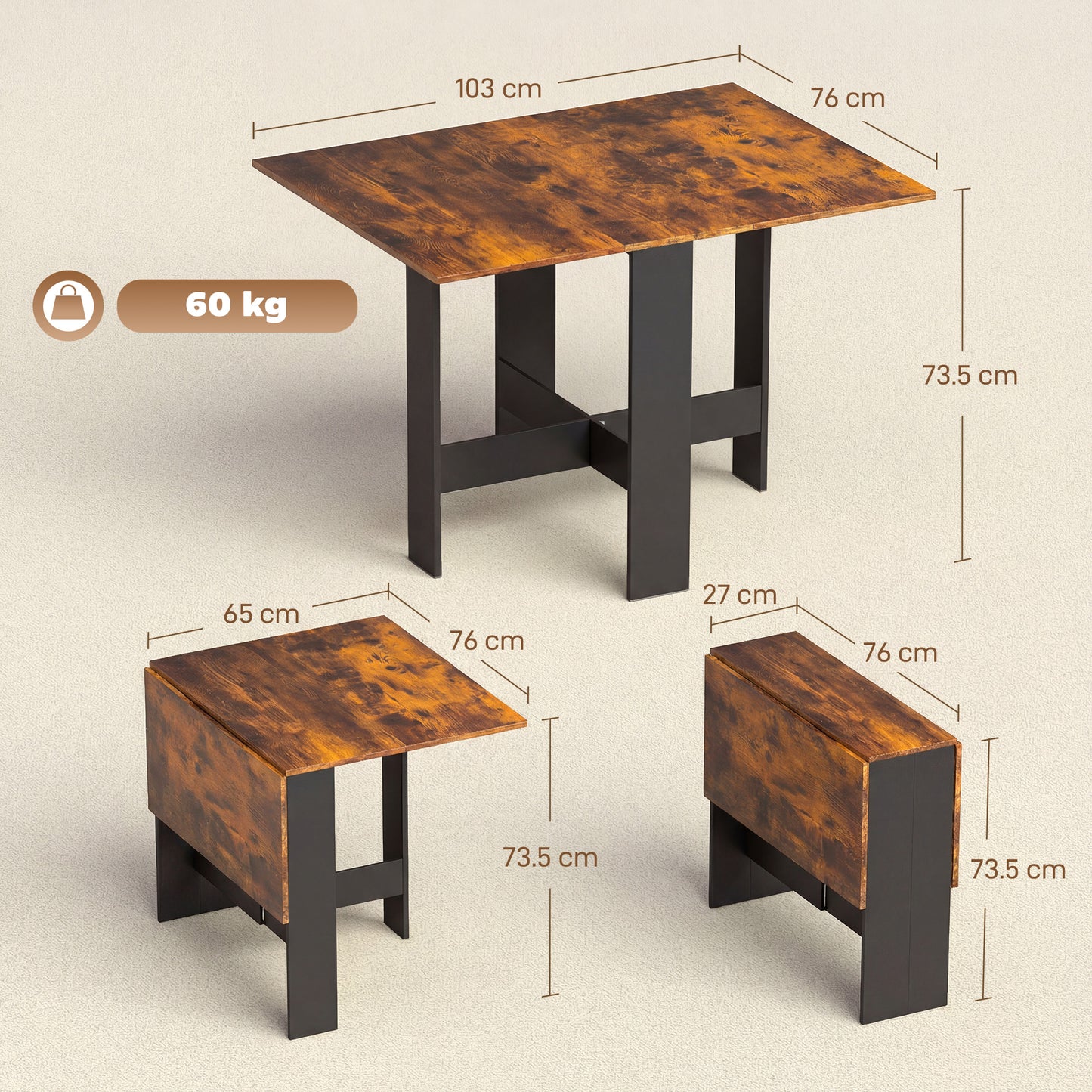 Folding Dining Table, Space-Saving Drop Leaf Kitchen Table for 4-6 People Rustic Brown