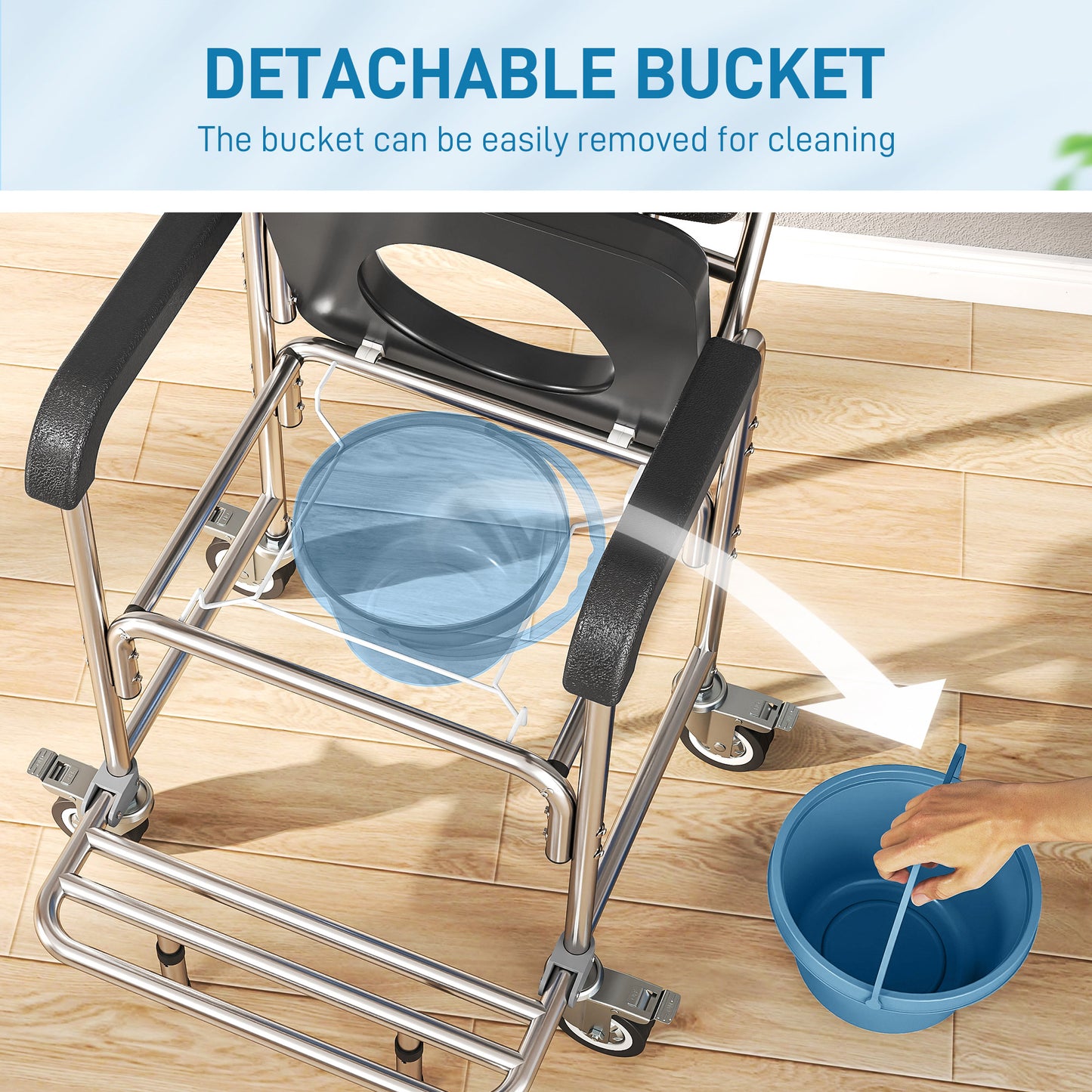 Transport Beside Shower Chair, 3-in-1 Commode Chair with Wheels and Padded Seat, Black