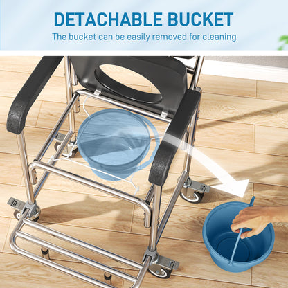 Transport Beside Shower Chair, 3-in-1 Commode Chair with Wheels and Padded Seat, Black
