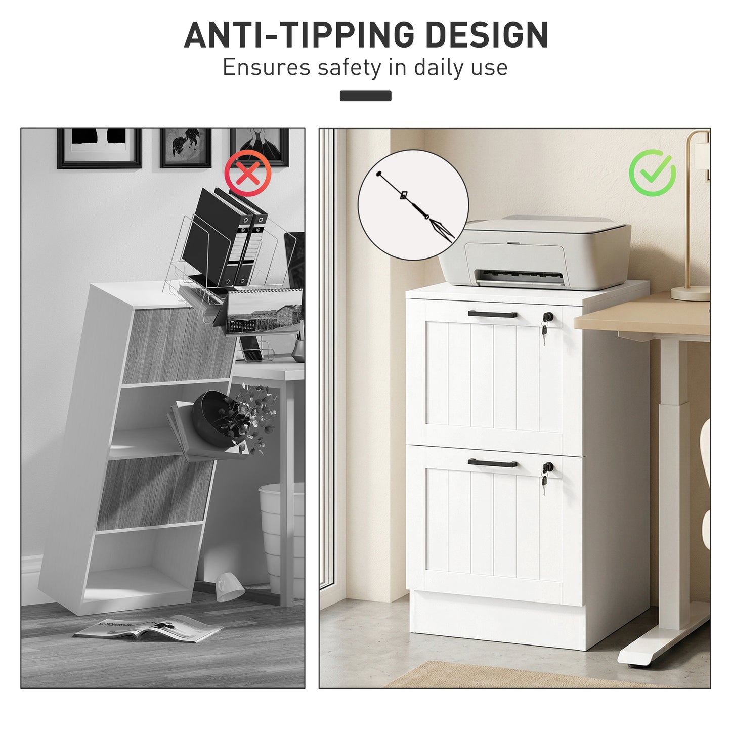 2 Drawer Filing Cabinet with Lock, Office Storage Cabinet with Adjustable Hanging Bars for A4 Letter Size Files, White