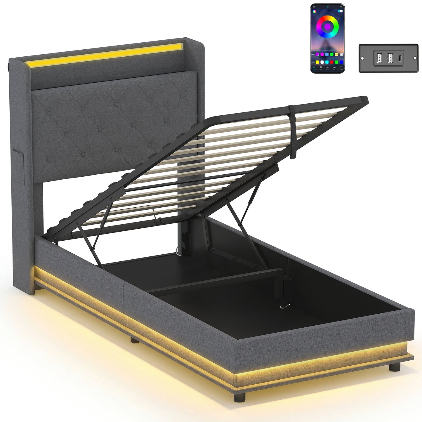 3ft Single Bed Frame with Headboard, Platform Bed Frame with Hydraulic Storage, LED Lights and Charging Station, Grey