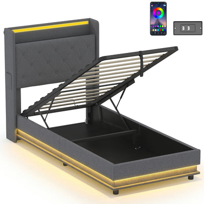 3ft Single Bed Frame with Headboard, Platform Bed Frame with Hydraulic Storage, LED Lights and Charging Station, Grey