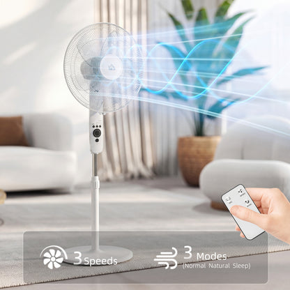 124cm Pedestal Fan with Sleep Mode, Oscillating Standing Fan with 3 Modes, Remote Control, Adjustable Height, White