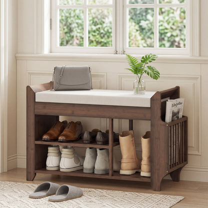 Shoe Bench 2-Tier Boot Section Entryway Storage Bench Cushioned Seat 80 x 30 x 50 cm Dark Brown and Cream