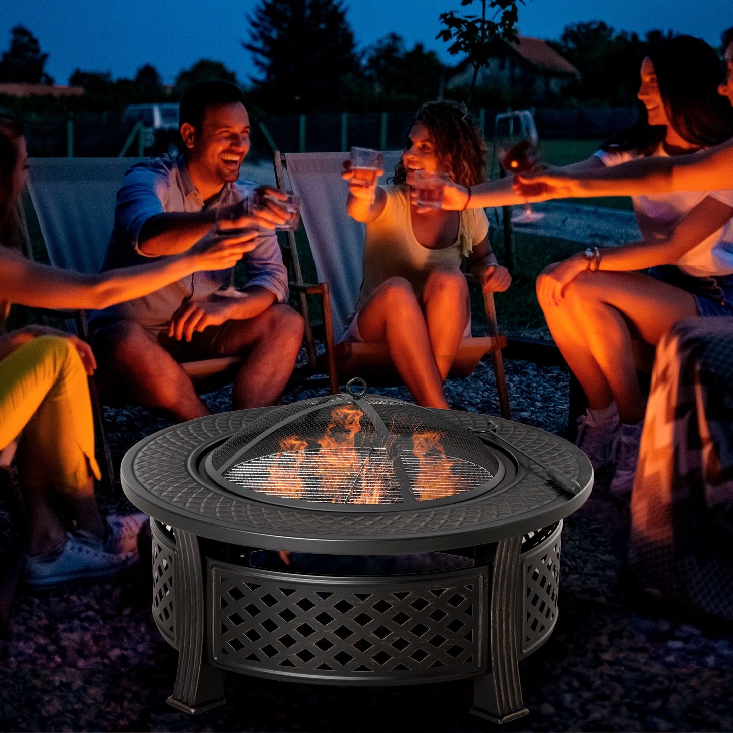 Outdoor Fire Pit, Firepit with Grill Net, Mesh Lid, Poker, for Camping, Bonfire, Picnic, Bronze Tone
