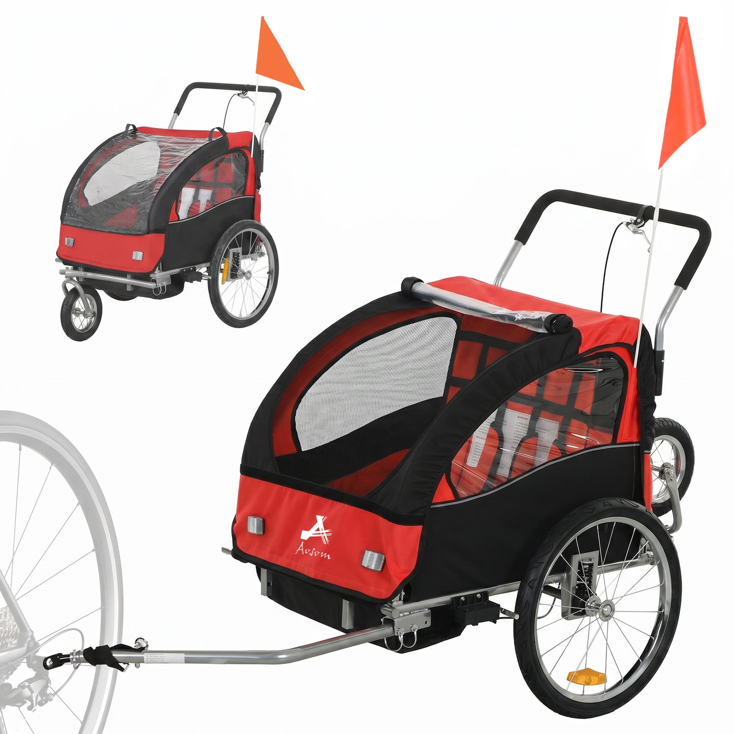 2 Seat Bike Trailer with 5 Point Harness, Baby Bike Stroller with Safety Flag, Reflectors, for 18+ Months, Red