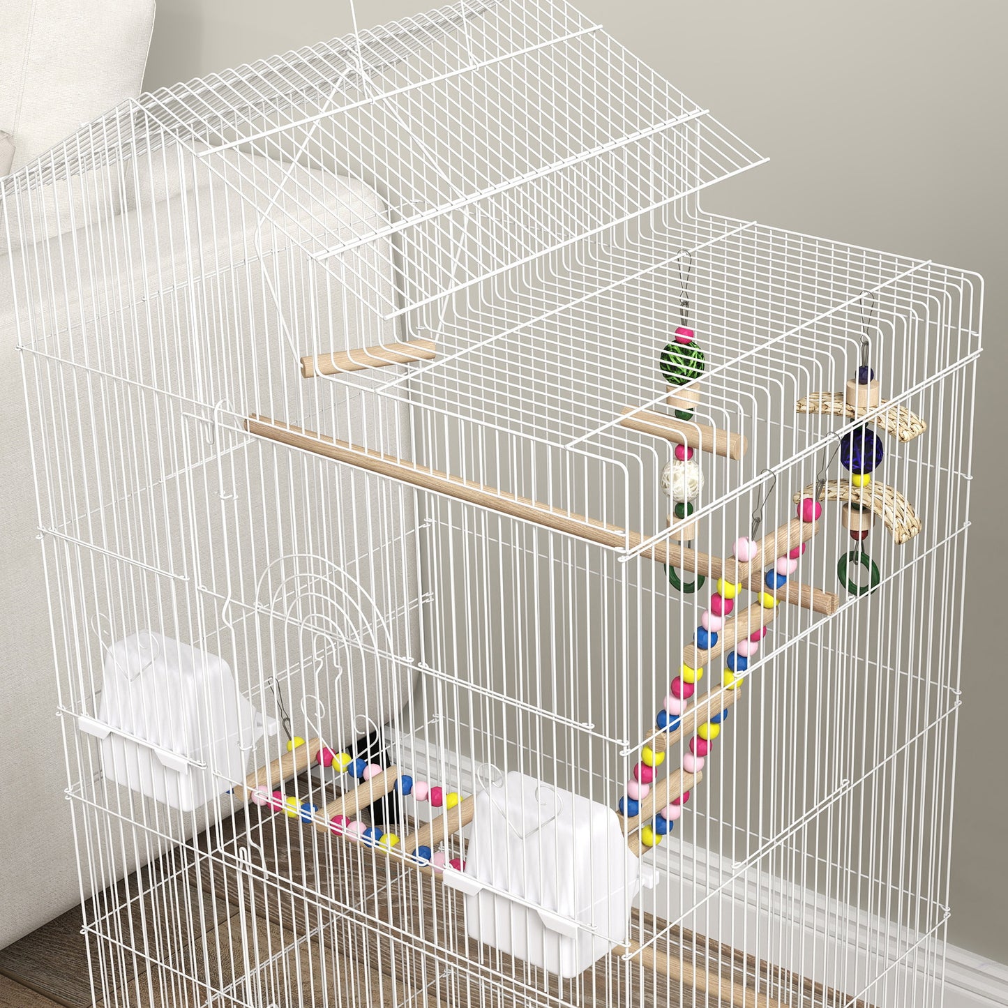 Bird Cage for Budgies, Finches, Canaries w/ Accessories, Toys, Tray, White