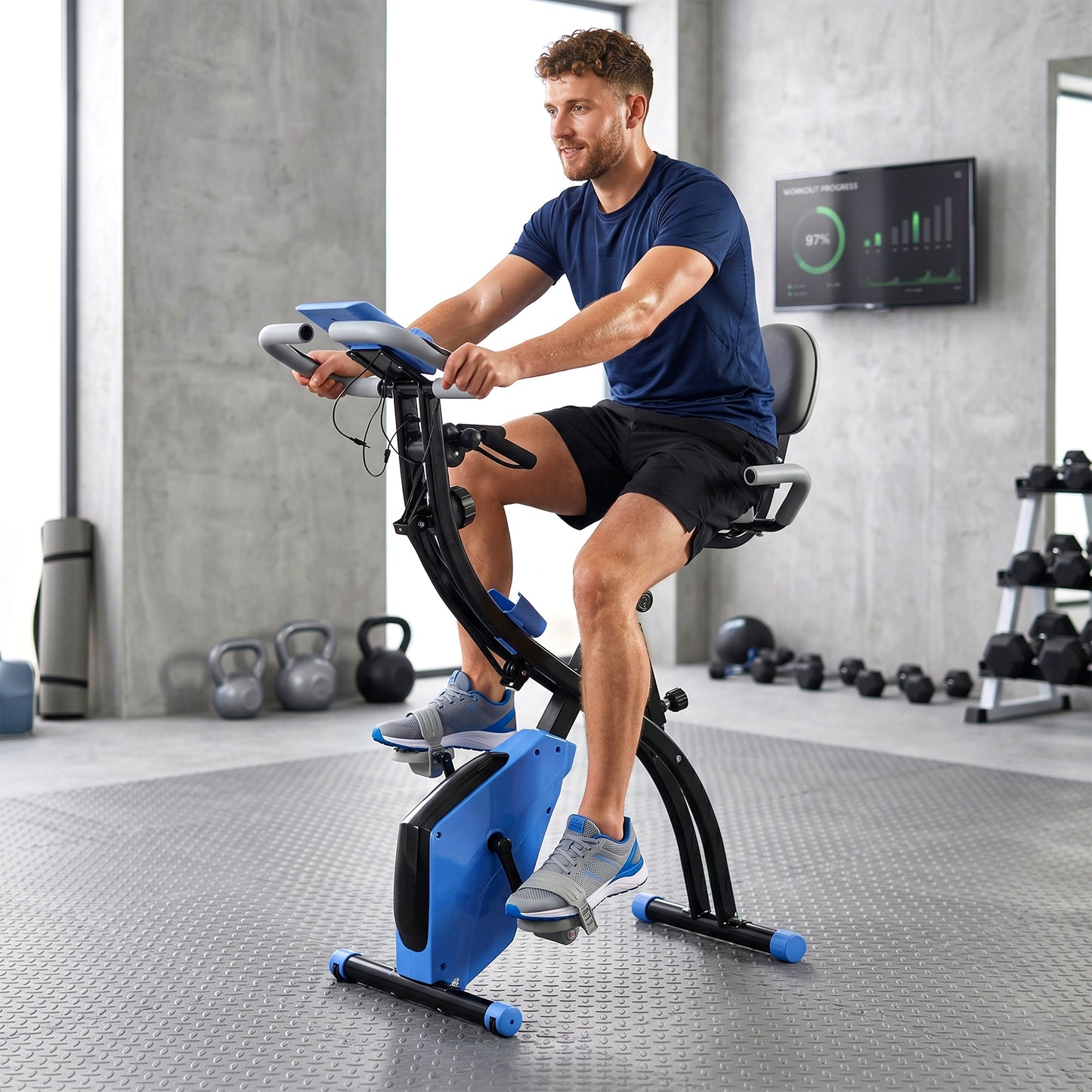 2-in-1 Folding Exercise Bike with 8-Level Magnetic Resistance, Arm Resistance Band, Pulse Sensor, Blue