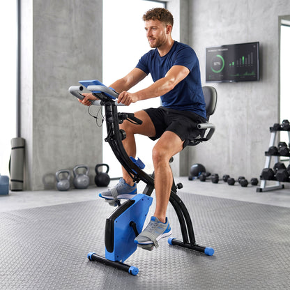 2-in-1 Folding Exercise Bike with 8-Level Magnetic Resistance, Arm Resistance Band, Pulse Sensor, Blue