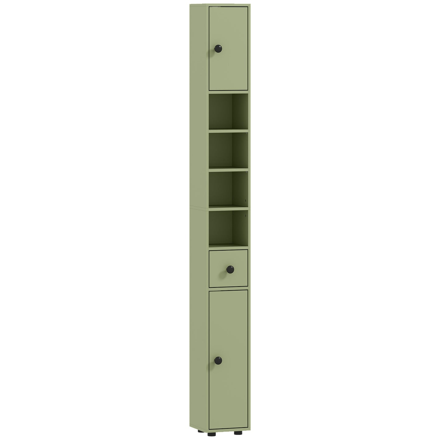 180cm Slim Bathroom Cabinet, with Drawer, Shelves and Cupboards - Green