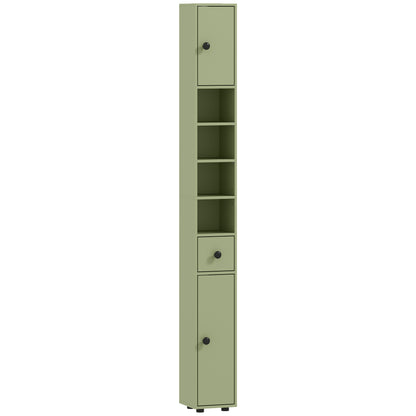 180cm Slim Bathroom Cabinet, with Drawer, Shelves and Cupboards - Green