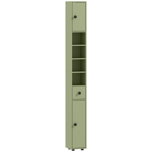 180cm Slim Bathroom Cabinet, with Drawer, Shelves and Cupboards - Green