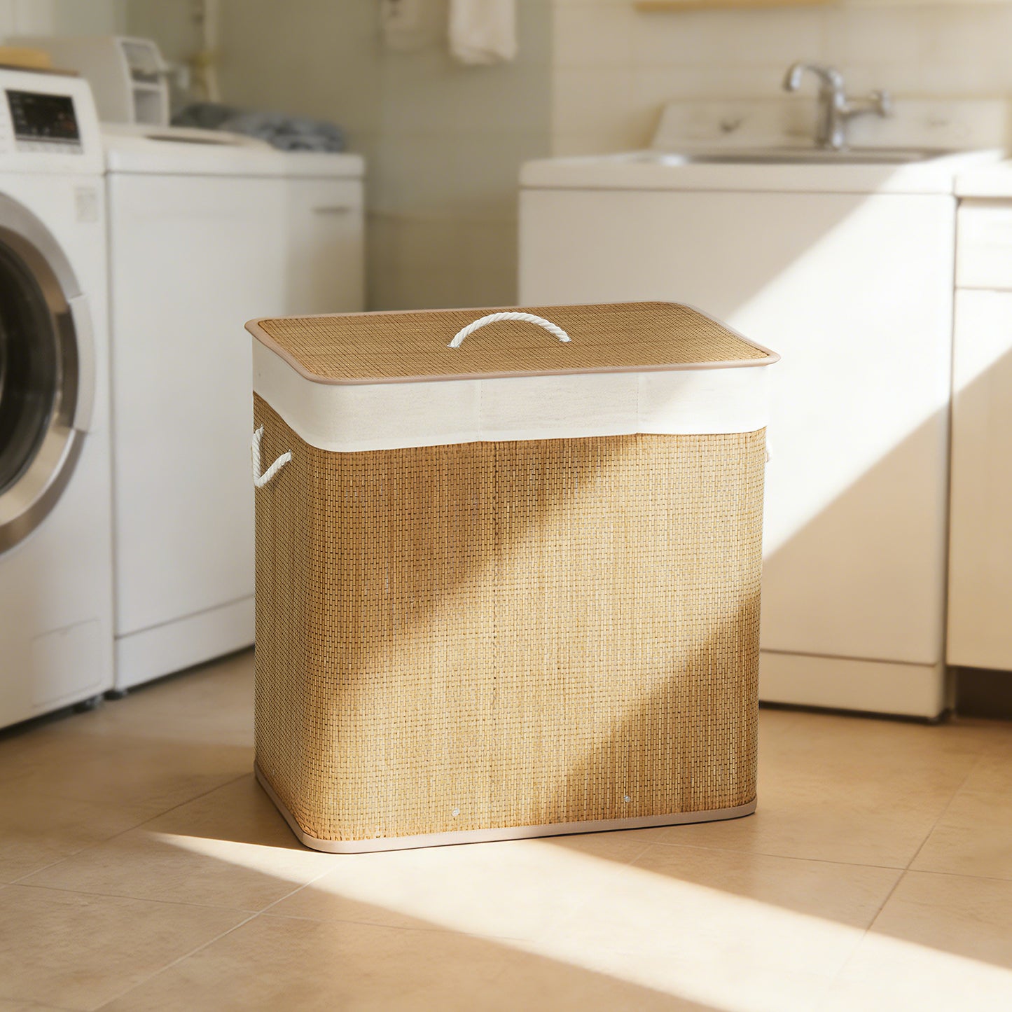 3 Section Laundry Basket with Lid, 144L Bamboo Laundry Hamper with Handles, Removable and Washable Liner, Brown